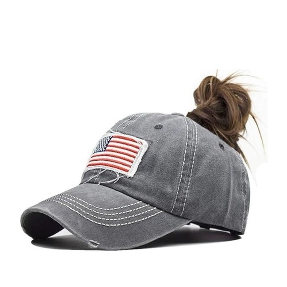 Accessories - Gray Ponytail Baseball Cap with American Flag Patch